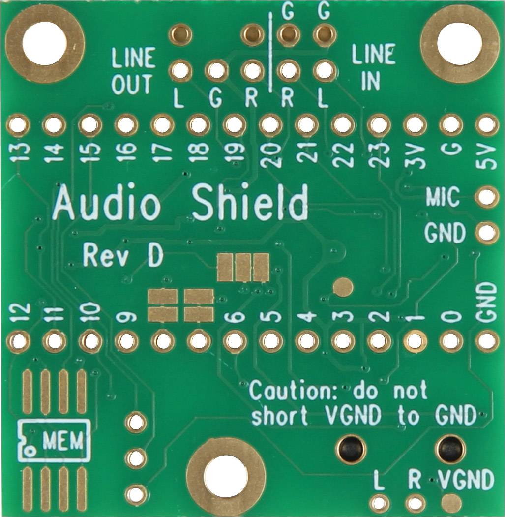 Doska 'Audio Shield Platine' s popiskami pre audio a mikrofonové vstupy, napájacie kolíky a upozornením 'Pozor: neskratujte VGND s GND'.