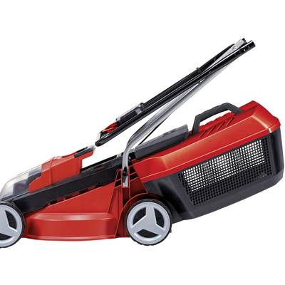 Červená a čierna elektrická kosačka s uzavretou rukoväťou a zberným košom, pohľad z boku.