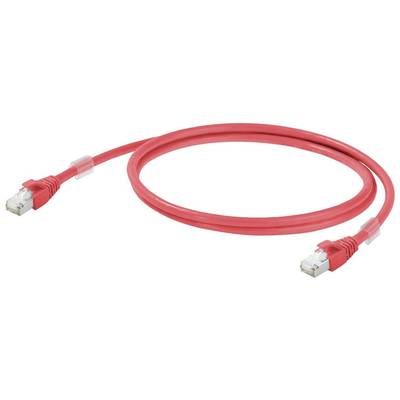 Červený sieťový kábel s dvoma RJ45 konektormi, bežne používaný na prepojenie počítačov v sieti.