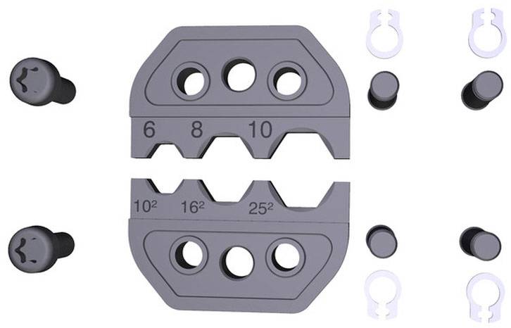 Štvorcový nástroj s otvormi a číslami 6, 8, 10, 10², 16², 25². Okolité časti sú guľaté a majú svorky.