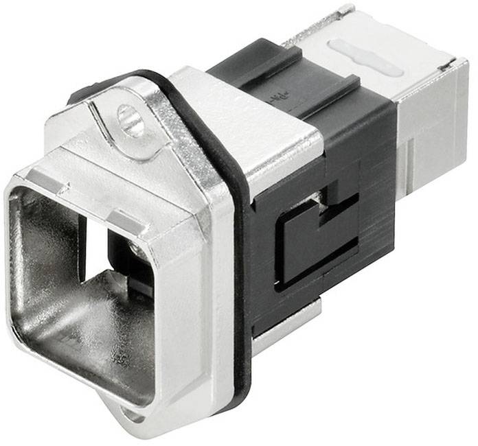 Strieborný adaptér so štvorcovým otvorom a čiernym krytom. Vhodný pre prepojenia v elektronických zariadeniach.