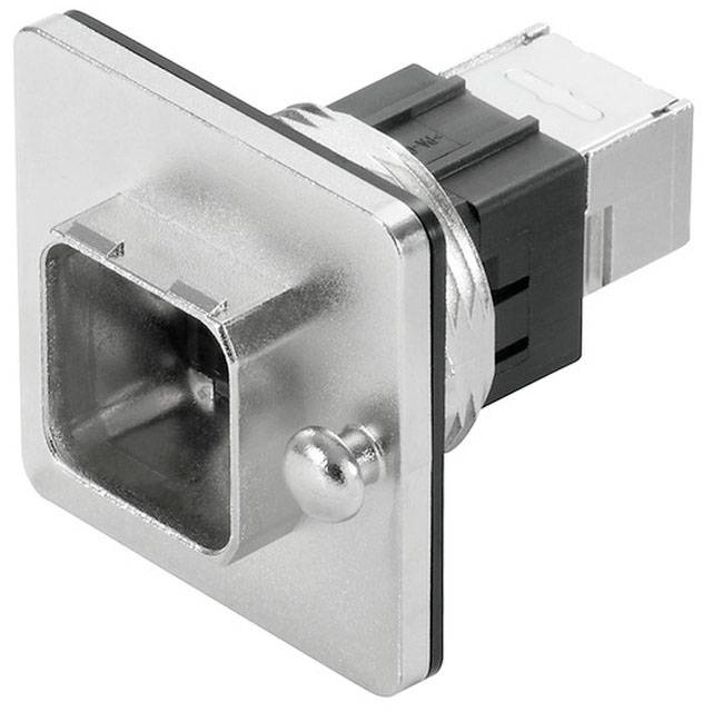 Pravouhlý kovový konektor so štvorcovou čelnou doskou a USB portom, umiestnený v čiernom plastovom držiaku.
