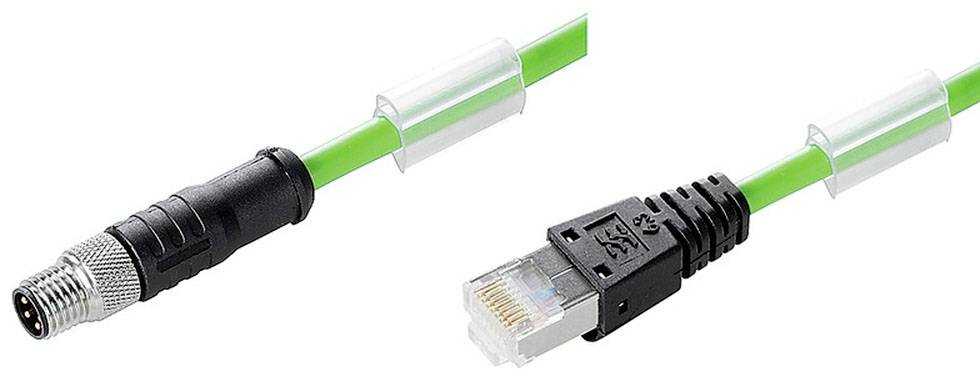 Zelený kábel s čiernymi konektormi na oboch koncoch. Vľavo guľatý konektor, vpravo RJ45 konektor, vhodný pre priemyselné aplikácie.
