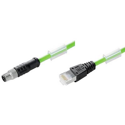 Zelený kábel s M12 konektorom vľavo a RJ45 konektorom vpravo, zobrazený na bielom pozadí.
