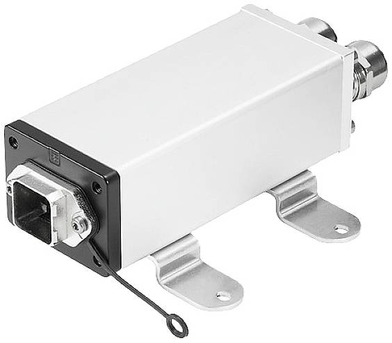 Obdĺžnikové kovové elektronické zariadenie s prípojkami a dvoma úchytkami na upevnenie na povrchu.