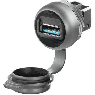 Guľatá USB zásuvka s ochranným krytom, kábel viditeľný. Vhodná na zabudovanie do zariadení na pripojenie externých USB zariadení.