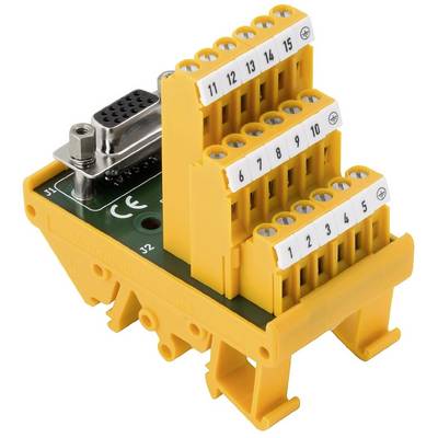 Žltý elektrický komponent s číslovanými svorkami a pripojovacím rozhraním. Používa sa na káblové prepojenia v elektronike.
