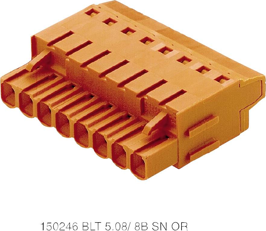 Oranžový konektor s 8 kontaktmi, označený '150246 BLT 5.08/8B SN OR'.