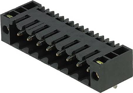 Čierny, podlhovastý elektronický konektor s viacerými kovovými pinmi, vhodný na prepojenie elektronických komponentov.