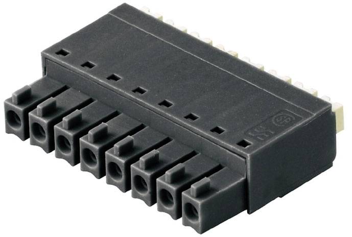 Čierna elektrická zásuvka, plochá a obdĺžniková, s deviatimi otvormi na prednej strane. Vhodná pre elektronické aplikácie.