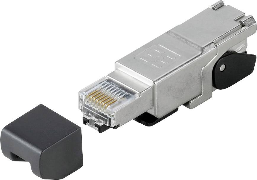 Kovový RJ45 konektor s odnímateľným čiernym ochranným krytom, zobrazený v detailnom zábere. Konektor je vhodný pre ethernetové pripojenia.