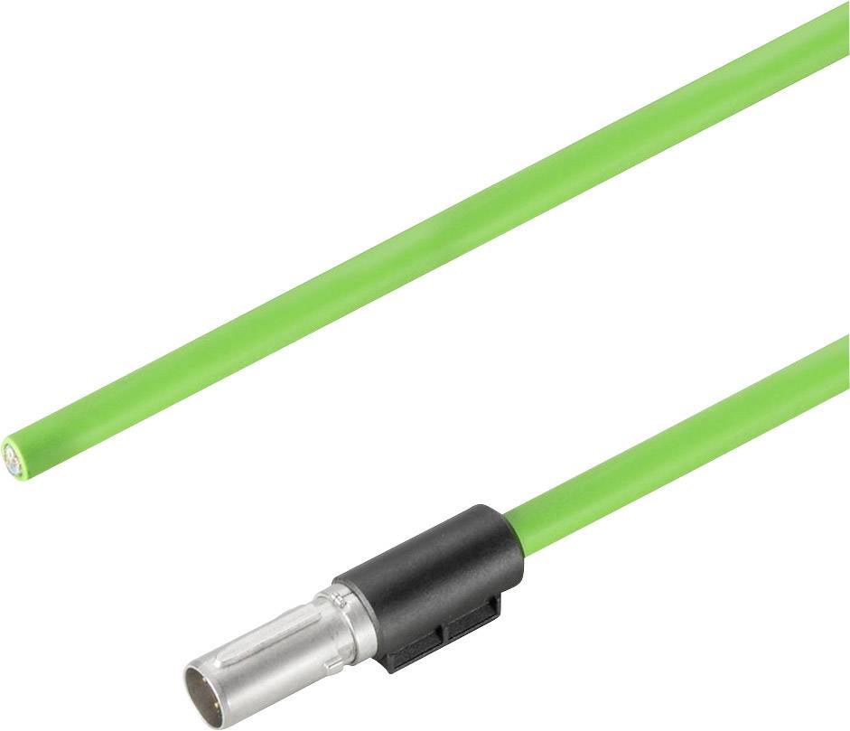 Zelený kábel so strieborným kovovým konektorom. Elektrický pripojovací kábel, pravdepodobne určený pre technické alebo priemyselné zariadenie.