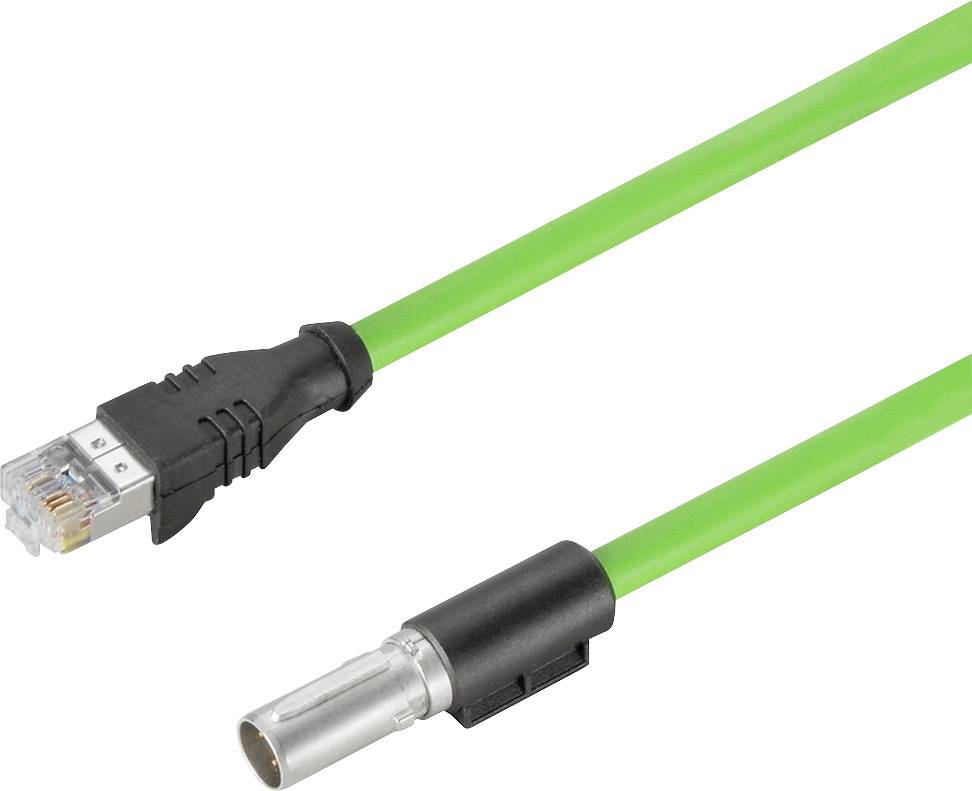 Zelený sieťový kábel s RJ45 konektorom a ďalším kovovým konektorom, vhodný pre sieťové aplikácie.