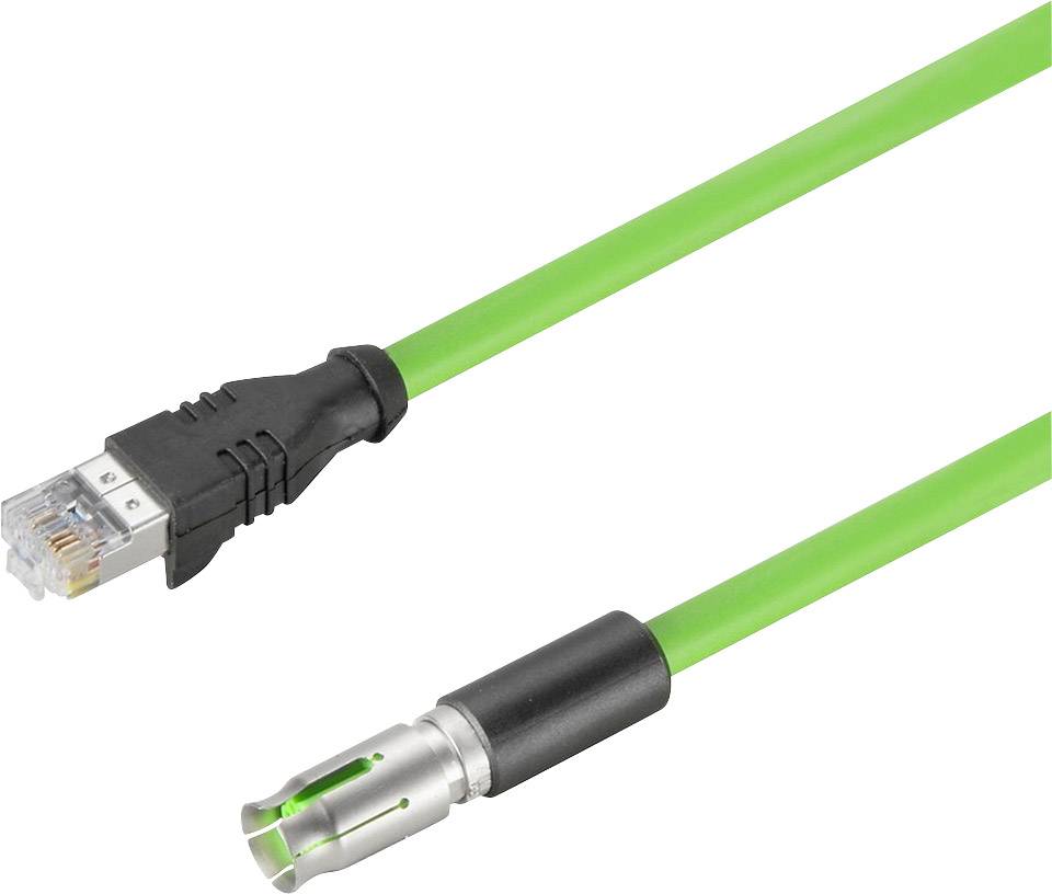 Zelený ethernetový kábel s RJ45 konektorom vľavo a TAE konektorom vpravo, vhodný pre sieťové pripojenia.
