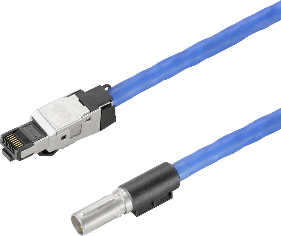 Modrý ethernetový kábel s RJ45 konektorom na jednej strane a guľatým konektorom na druhej strane.