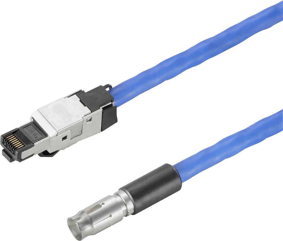 Modrý kábel s konektorom RJ45 na jednej strane a guľatým konektorom na druhej strane, vhodný pre sieťové pripojenia.