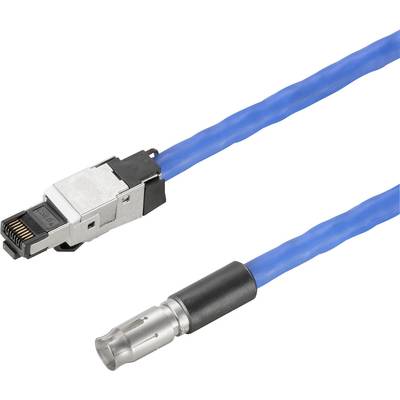 Modrý kábel s konektorom RJ45 na jednej strane a guľatým konektorom na druhej strane, vhodný pre sieťové pripojenia.