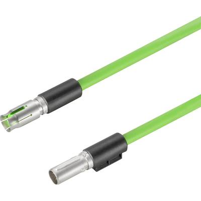Zelený elektrický kábel s kovovými konektormi na oboch koncoch, vhodný pre priemyselné použitie.