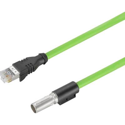 Zelený kábel s RJ45 konektorom vľavo a valcovitým konektorom vpravo. Vhodný pre priemyselné siete.