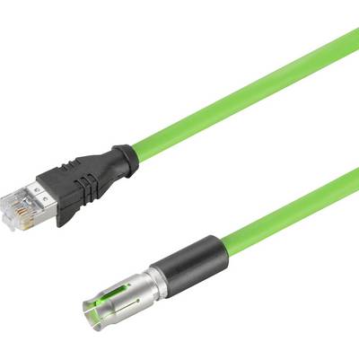 Zelený sieťový prepojovací kábel, vľavo s RJ45 konektorom, vpravo s valcovitým kovovým konektorom; slúži na sieťové pripojenie.
