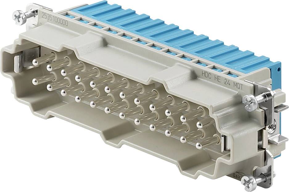 Obdĺžnikový viacpólový elektrický konektor s modrými a sivými krytmi, vhodný pre priemyselné aplikácie.