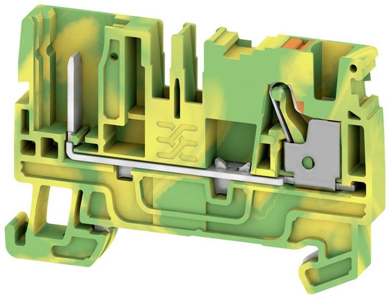 Zeleno-žltá radová svorka s kovovými komponentmi, využíva pákový mechanizmus, vhodná pre elektrické prepojenia v rozvádzačoch.