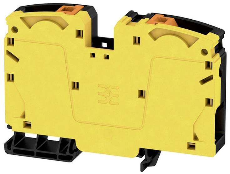 Žltý elektrický komponent s čiernou päticou a oranžovými držiakmi, pravdepodobne konektor alebo svorkovnica.