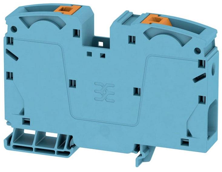 Modrý elektrický zásuvný modul s oranžovými prípojkami, vhodný na upevnenie na DIN lišty v rozvádzačoch.