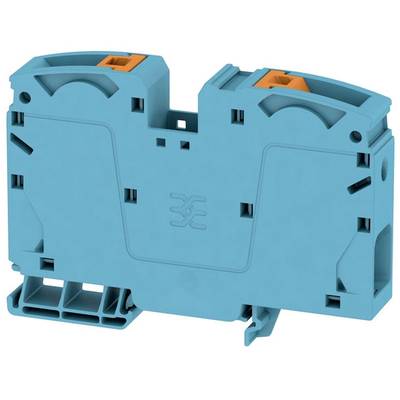 Modrý elektrický zásuvný modul s oranžovými prípojkami, vhodný na upevnenie na DIN lišty v rozvádzačoch.
