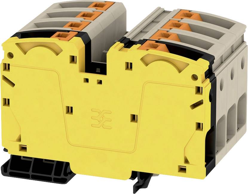 Žltý elektrický držiak poistiek so sivými a oranžovými komponentmi, vhodný na umiestnenie a prepojenie viacerých poistiek.