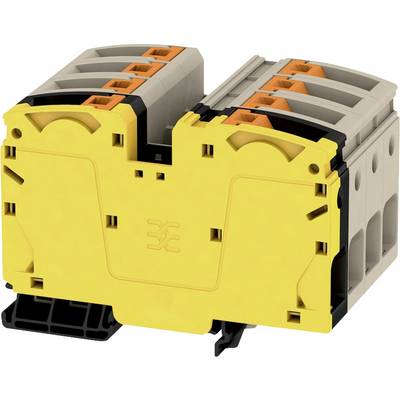 Žltý elektrický držiak poistiek so sivými a oranžovými komponentmi, vhodný na umiestnenie a prepojenie viacerých poistiek.