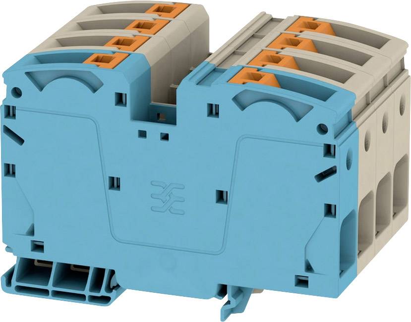 Modrý elektrický konektor s oranžovými detailmi a viacerými prípojkami. Vhodný pre priemyselné elektroinštalácie.