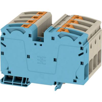 Modrý elektrický konektor s oranžovými detailmi a viacerými prípojkami. Vhodný pre priemyselné elektroinštalácie.