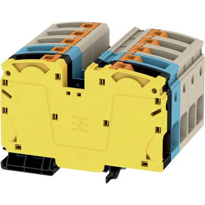 Elektrický svorkovnicový blok so žltou základňou, modrými a oranžovými komponentmi, určený na pripojenie a distribúciu elektrických káblov.