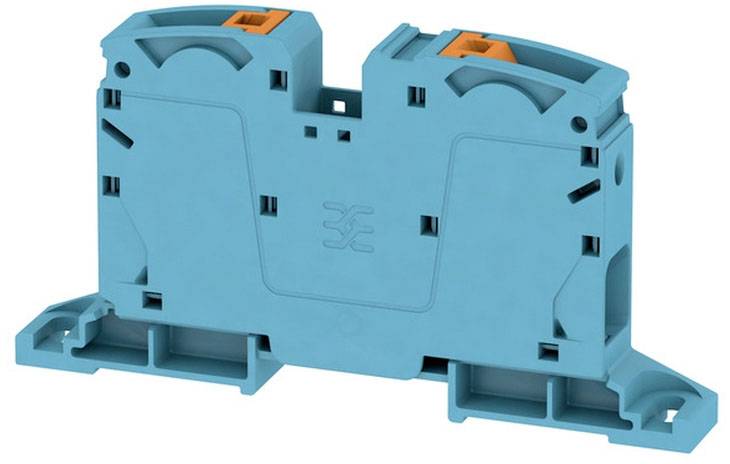 Modrá elektrická rozvodná svorkovnica s oranžovými pákami na prepojenie elektrických vodičov v rozvádzači.