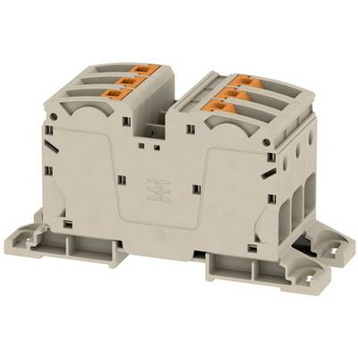 Šedo-oranžový elektrický rozvodný box s viacerými spojovaciami miestami na upevňovacej doske.