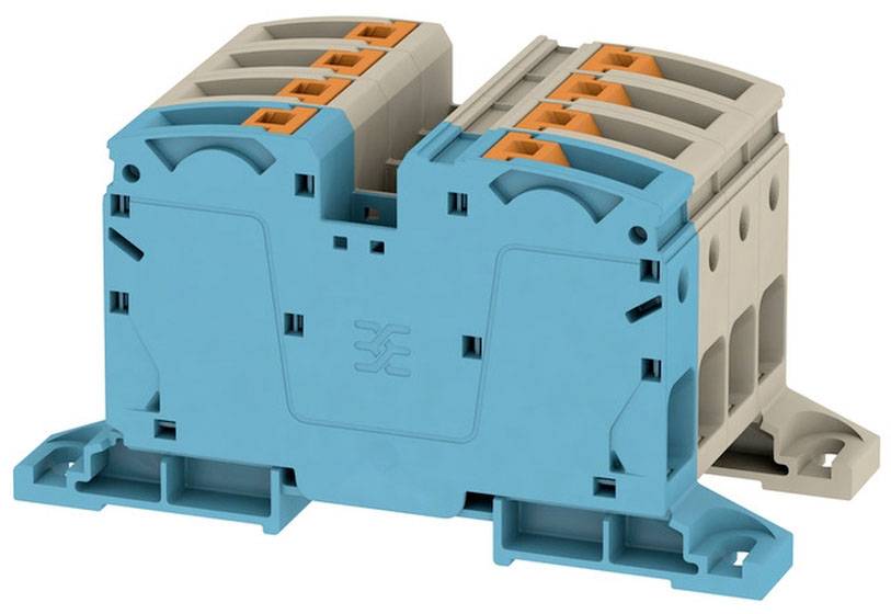 Elektrická svorka, modro-oranžová, s viacerými pripojovacími bodmi, vhodná pre priemyselné aplikácie a výstavbu rozvádzačov.