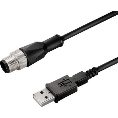 USB kábel so štandardným USB konektorom a okrúhlym zástrčkou, typický pre priemyselné alebo špeciálne technické aplikácie.