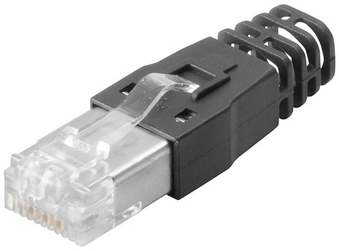 Konektor RJ45 s plastovým obalom, bežne používaný pre sieťové káblové prepojenia v počítačových sieťach.