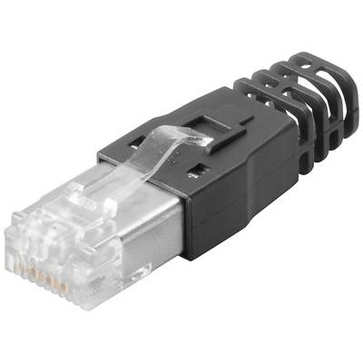 Konektor RJ45 s plastovým obalom, bežne používaný pre sieťové káblové prepojenia v počítačových sieťach.