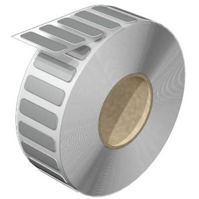 Veľká škatuľa s rolkou strieborných obdĺžnikových RFID štítkov.