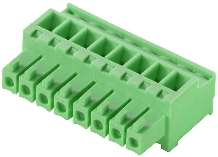 Zelený elektrický konektor s ôsmimi pripojovacími miestami, vhodný pre použitie v elektronických obvodoch a zariadeniach.