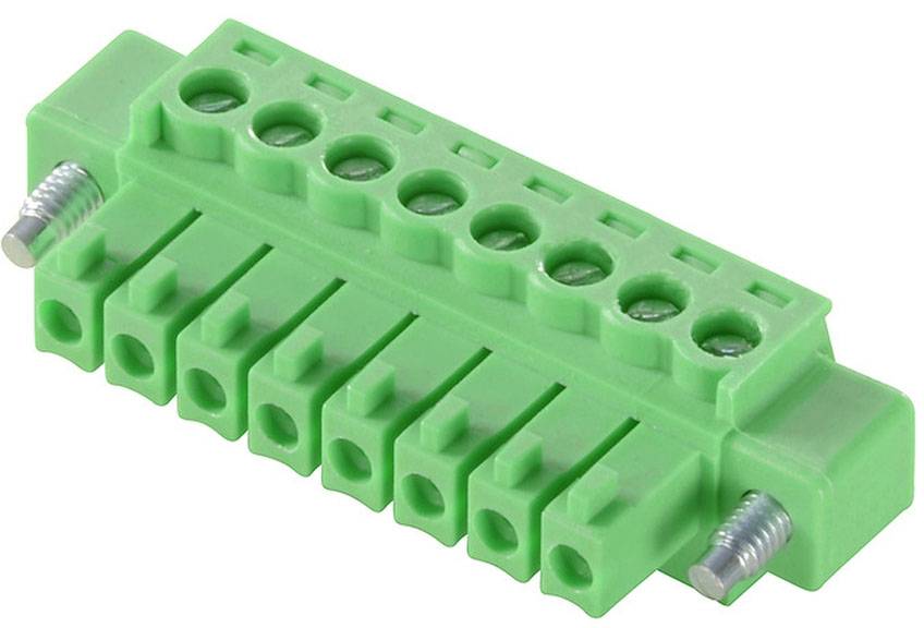 Zelený elektrický konektor s ôsmimi pripojovacími zásuvkami a bočnými skrutkovými upevneniami, typický pre dosky plošných spojov.