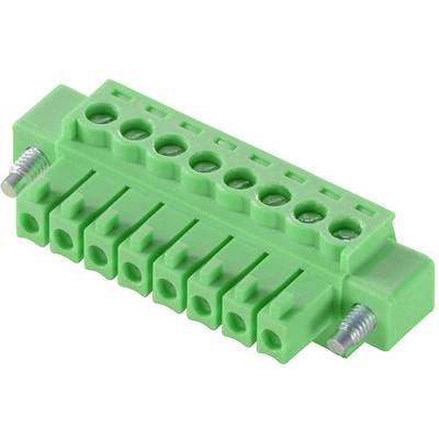 Zelená svorkovnica s ôsmimi pripojeniami, slúži na prepojenie elektrických vodičov, kovové skrutkové svorky na upevnenie.