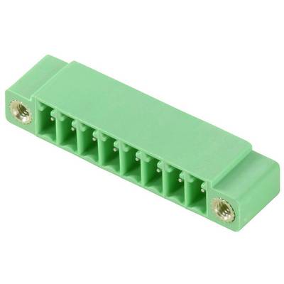 Zelený konektor s desiatimi pinmi a dvoma upevňovacími otvormi na koncoch pre elektronické pripojenia.