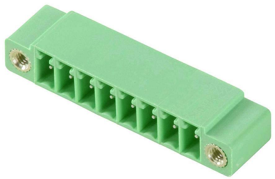 Zelený plastový konektor s ôsmimi vývodmi, vhodný pre elektronické prepojenia v zariadeniach alebo obvodoch.