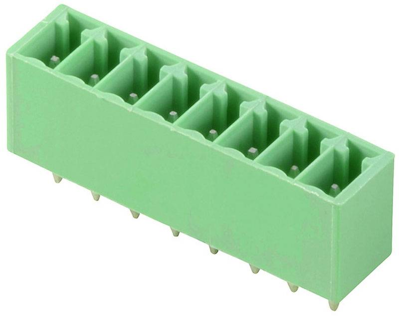 Zelený konektor s ôsmimi kolíkmi v dvoch radoch. Vhodný pre elektronické prepojenia na doske plošných spojov.