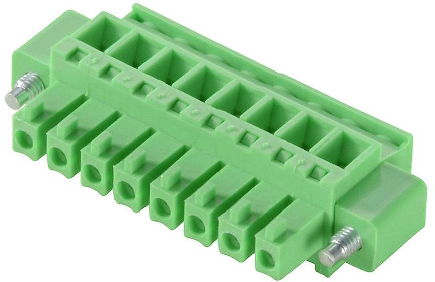 Zelený, viacpólový konektor so spojovaciemi skrutkami, slúži na pripojenie elektrických vodičov v zariadeniach.