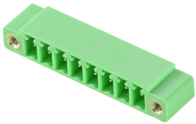Zelený elektrický konektor s ôsmimi kontaktmi a dvomi kovovými upevneniami na koncoch.