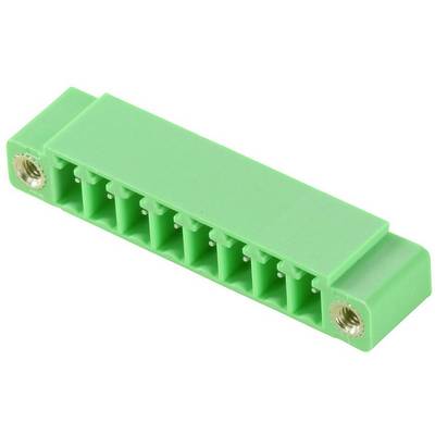 Zelený elektrický konektor s ôsmimi kontaktmi a dvomi kovovými upevneniami na koncoch.